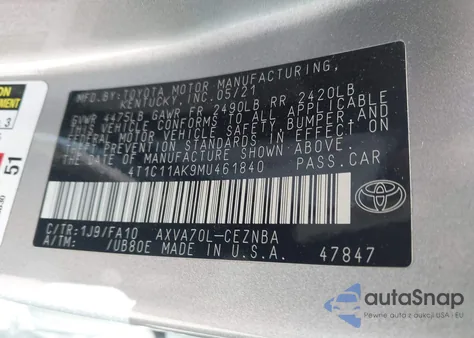2021 Toyota Camry Le из США, поврежденный, VIN 4T1C11AK9MU461840